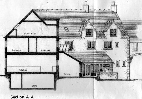 Scan of the sketch of a hotel, showing a section drawing