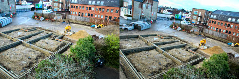 Two views of the foundations on a building site