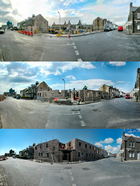 Composite picture with 3 panoramas of a building site showing building progress