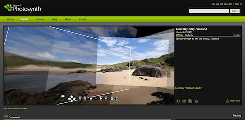 Screenshot of a beach panorama on the Photosynth website