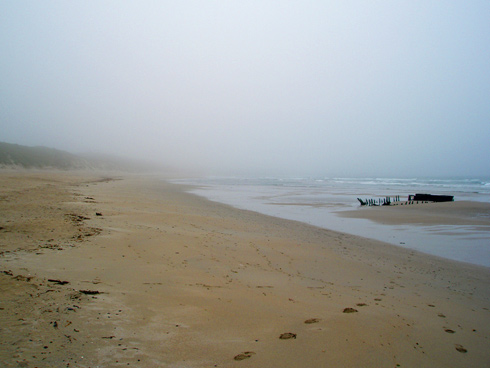 Picture of a beach with a wreck, fog in the mid distance hiding the rest of the beach