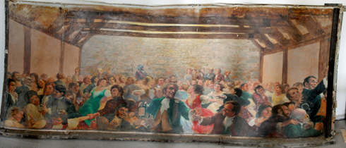 Photo of a large mural painting by Sean O'Leary showing a wedding or a ball