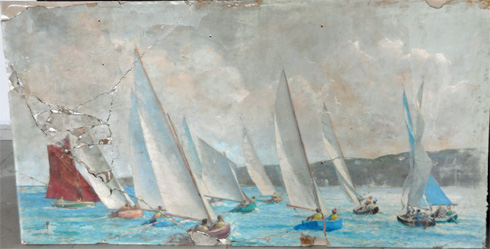Photo of a damaged painting of sailing boats