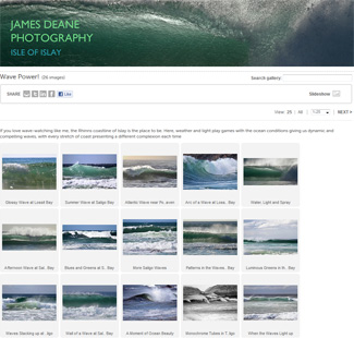 Screenshot of a theme page on the James Deane Photography website, this one showing waves