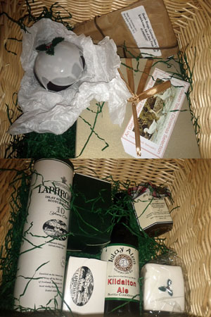 Composite picture of two pictures, showing the inside of the Laphroaig Christmas hamper