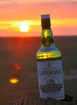Picture of a bottle of Laphroaig Quarter Cask in the late evening sun
