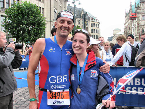 Picture of a man (Billy Holman) and a young woman (Mhairi Muir) after a triathlon