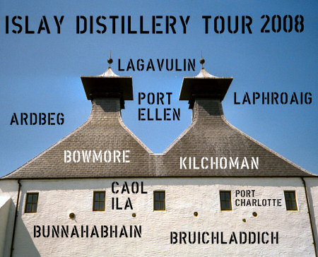 Picture of a kiln pagoda with the Islay distillery names grouped around it