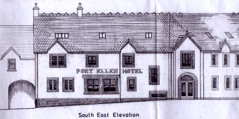 Scan of the sketch of a hotel, showing part of the front of the building