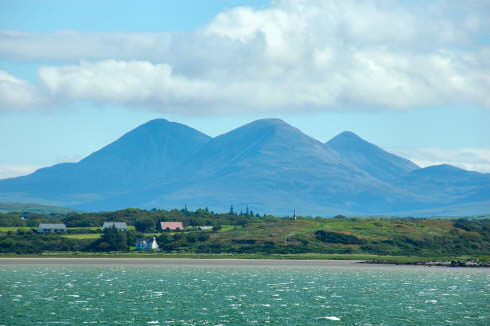 Picture of a view over a sea loch with some high mountains in the background