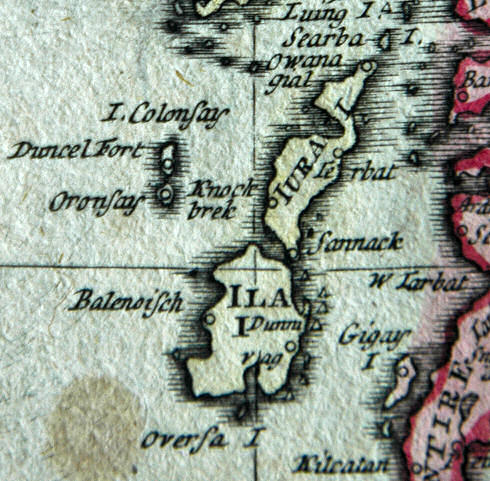 Photo of an old map showing Islay, Jura and Colonsay