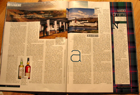 Picture of a two page spread about Islay in Men's Vogue