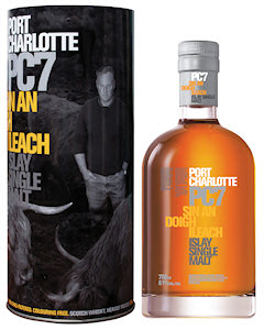 Picture of a Port Charlotte 7 yo Islay single malt whisky bottle and tin