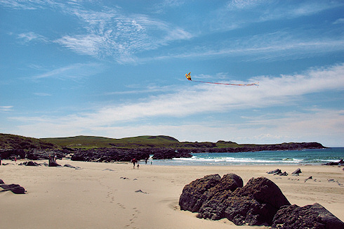 Picture of a beach with two families and a kite in the air