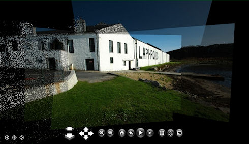 Screenshot of a photosynth of Laphroaig distillery on Islay, the warehouse with the big letters in view