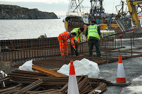 Picture of workers putting together steel 'cages' for a reinforced concrete structure