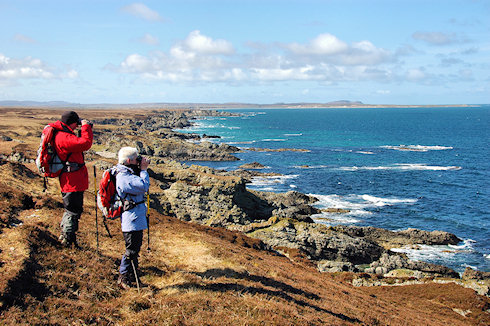 Picture of two walkers looking out to sea with binoculars, standing above some low cliffs