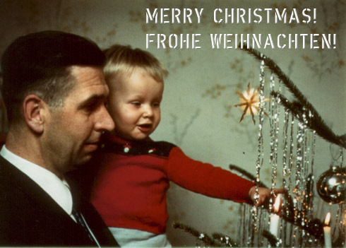 Picture of a young boy on the arms of his father, admiring a Christmas tree