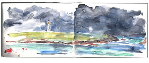 Thumbnail of a watercolour painting of Oronsay with the lighthouse