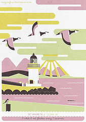 Drawing of a lighthouse and geese