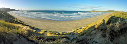 Panoramic picture of a view from dunes over a beach
