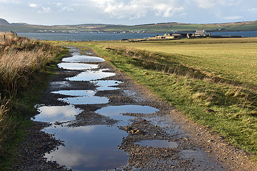 Picture of a track with water filled potholes leading to a farm